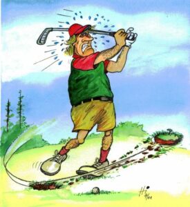 Schlag beim Golf. Karikatur